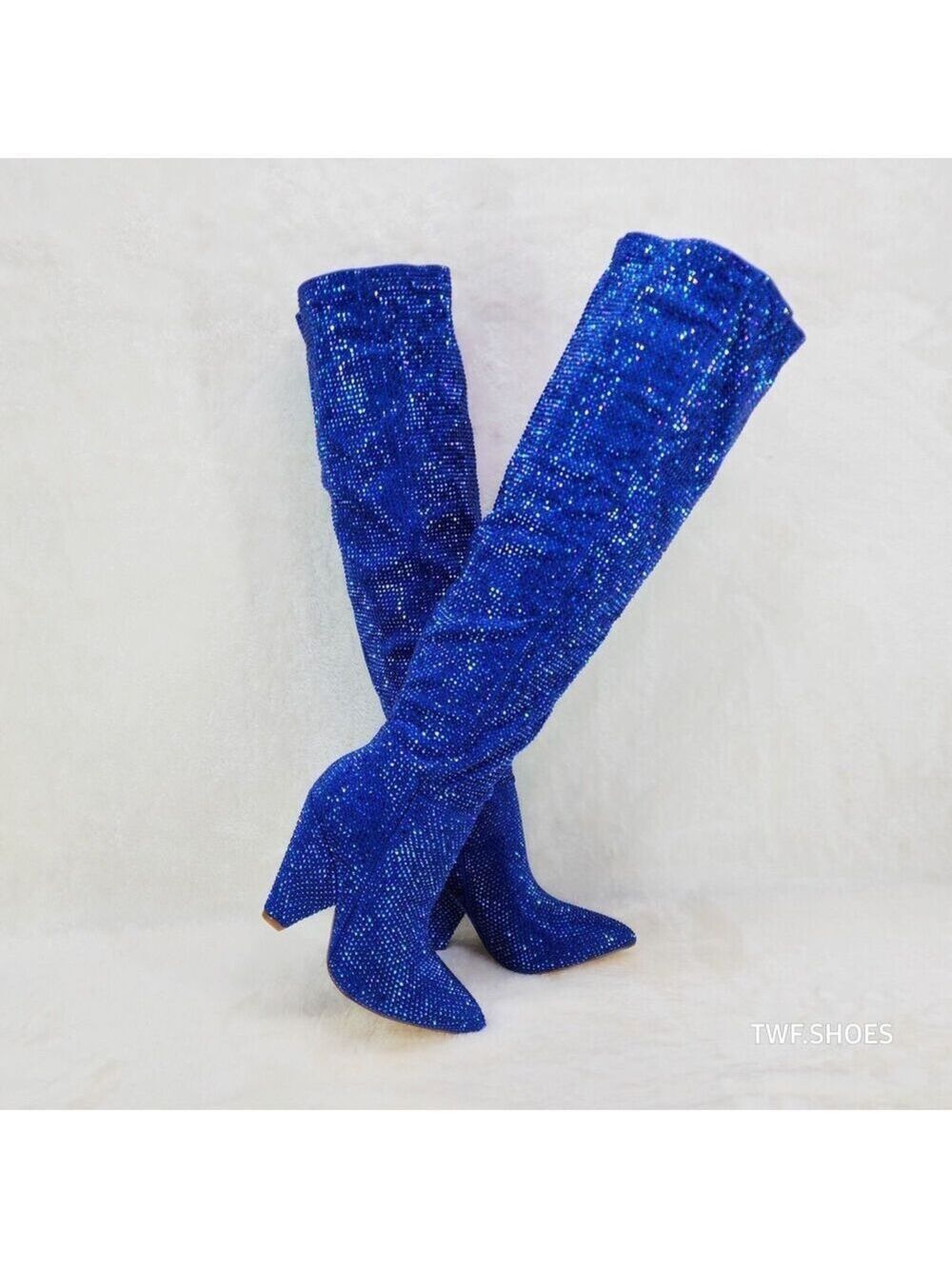 NIB New Year Party Blue Rhinestone Thigh boots 4.25" Heels Party Boots